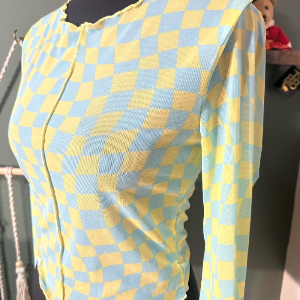 Forever 21 Sheer Yellow and Blue Checkered Retro Vibe Top Size Small - Picture 3 of 4
